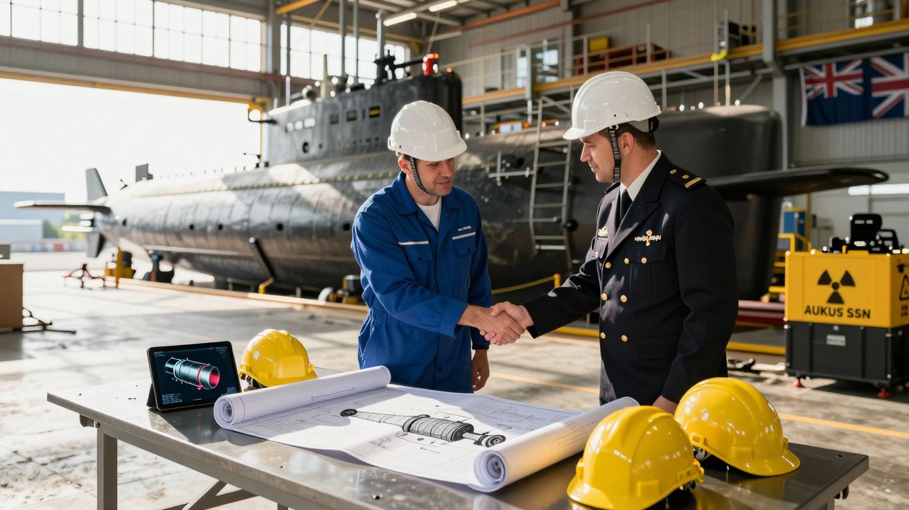 Dois engenheiros com capacetes apertam as mãos num estaleiro naval junto a um submarino e plantas técnicas.