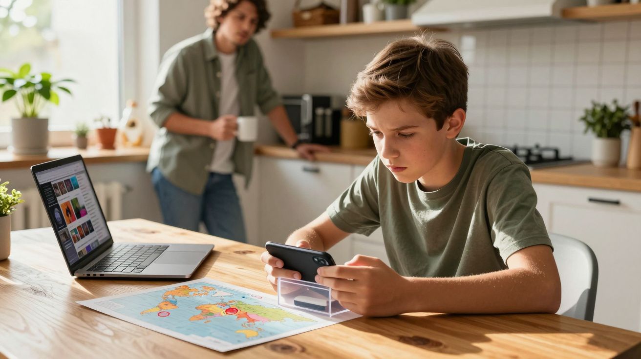 Rapaz sentado à mesa com mapa e smartphone, mulher ao fundo na cozinha com chávena na mão.
