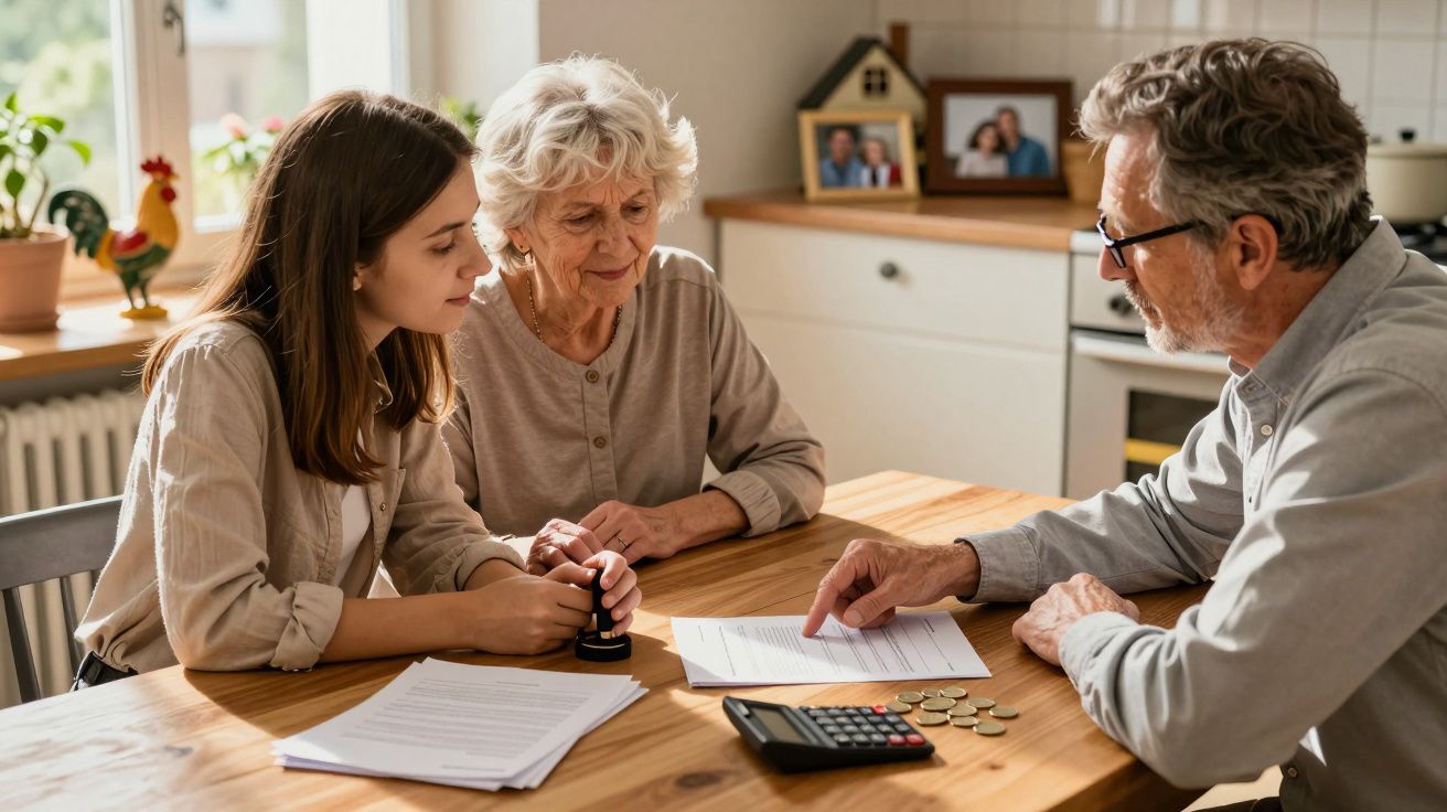 Três pessoas em reunião familiar a analisar documentos e a usar carimbo numa mesa de madeira numa cozinha.