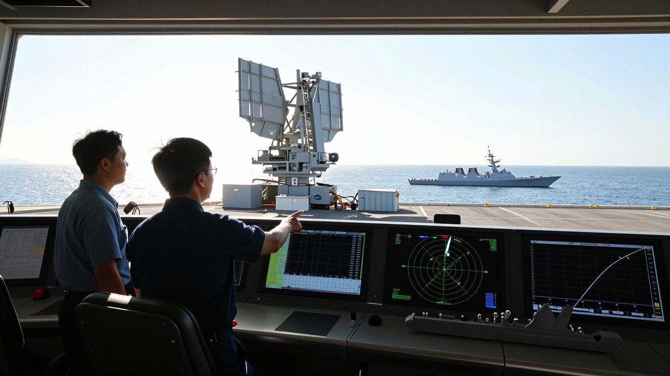 Dois militares operam radar dentro de um navio com outro navio ao longe no mar visível pela janela.