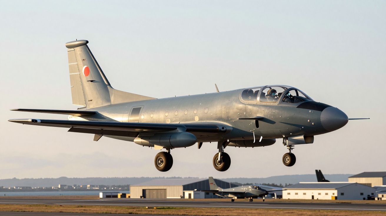 Avião militar cinzento em voo baixo sobre pista de aeroporto ao pôr do sol.