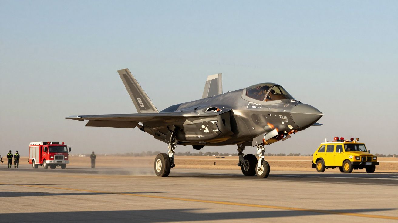 Caça furtivo cinzento na pista de um aeroporto com um carro de apoio amarelo e um camião de bombeiros vermelhos ao fundo.