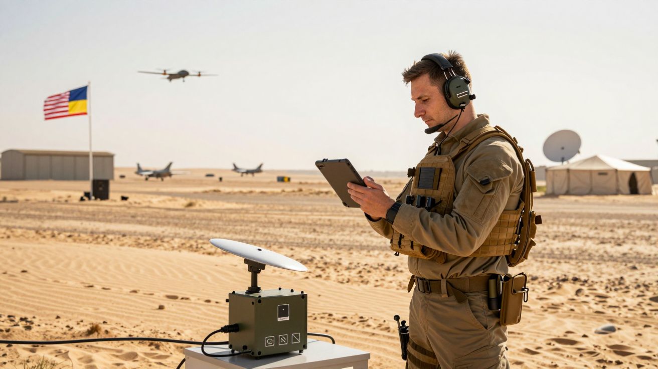 Soldado com dispositivo eletrônico controla drone num ambiente desértico com aviões ao fundo.