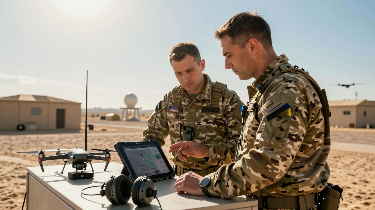 Dois soldados em uniforme camuflado operam um drone e analisam um mapa num tablet ao ar livre.
