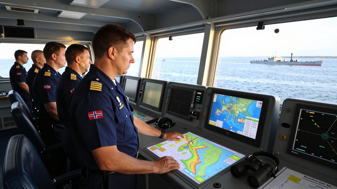 Oficiais navais a monitorizar radares e mapas digitais dentro da ponte de comando de um navio no mar.