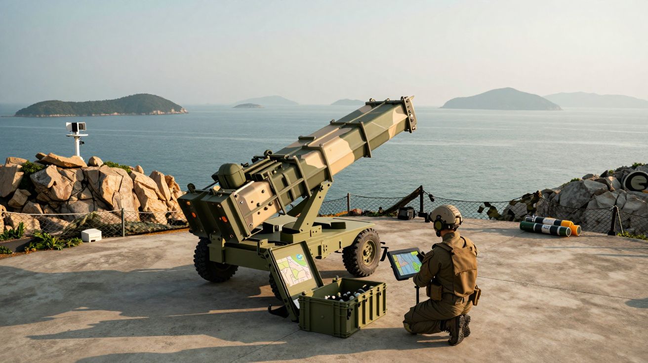 Soldado militar junto a peça de artilharia côntrole remoto numa plataforma costeira com vista para o mar e ilhas ao fundo.
