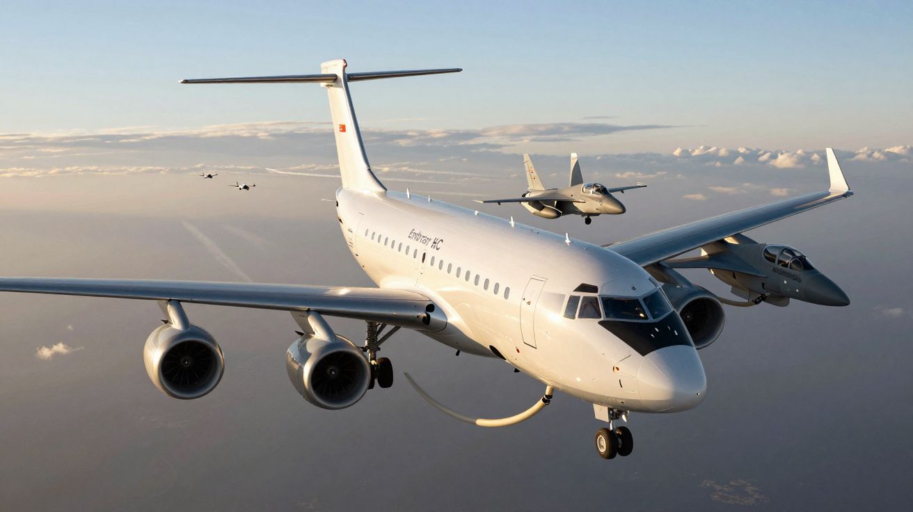 Avião comercial branco em voo acompanhado por dois caças militares sobre céu com nuvens ao pôr do sol.