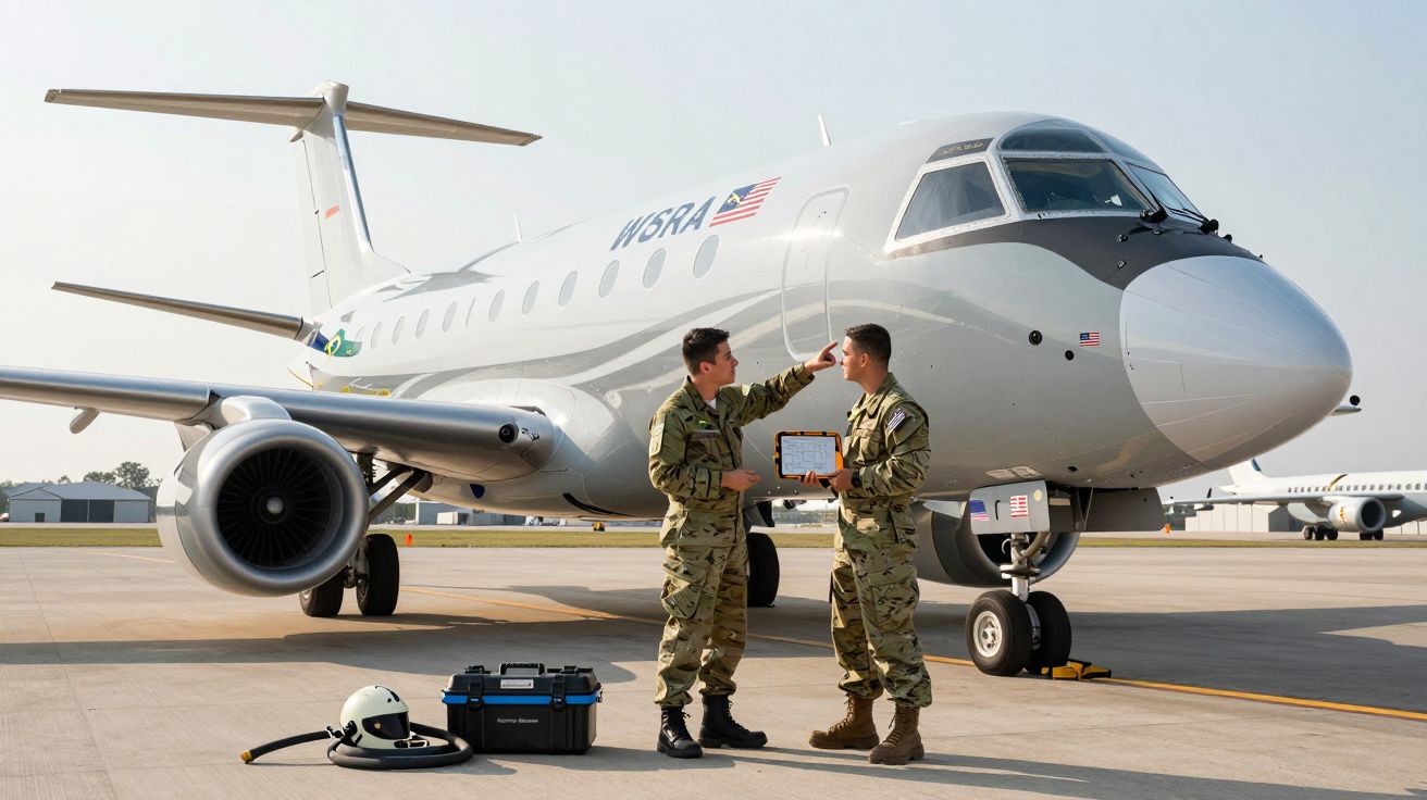 Duas pessoas em uniforme militar junto a um avião branco estacionado num aeroporto com equipamentos no chão.