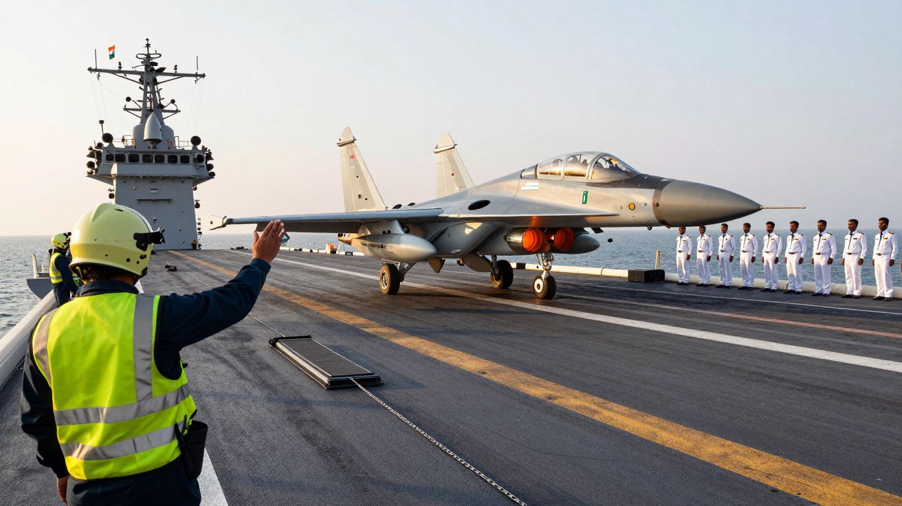 Avião de caça na pista de porta-aviões com militar a sinalizar e tripulação alinhada em uniforme branco.