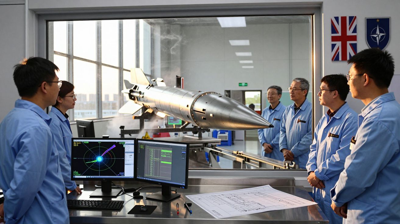 Cinco homens com batas azuis observam um míssil metálico suspenso numa sala com computadores e esquemas técnicos.