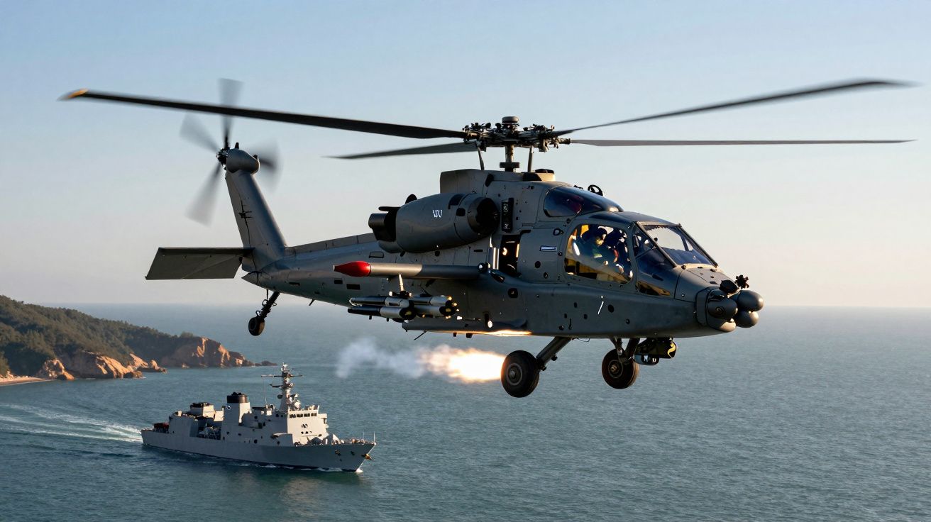 Helicóptero militar a disparar sobre o mar com navio de guerra ao fundo perto da costa.