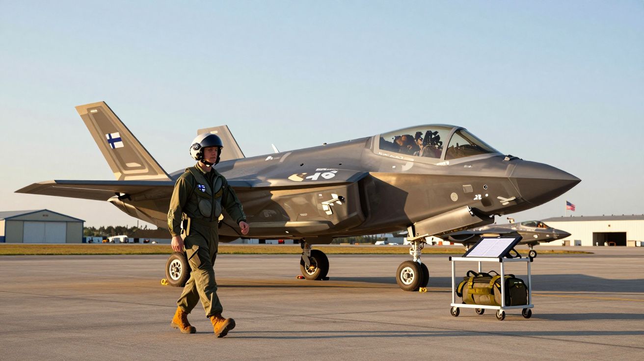 Piloto em uniforme caminha próximo a caça F-35 da Força Aérea da Finlândia numa pista de aeroportos ao entardecer.