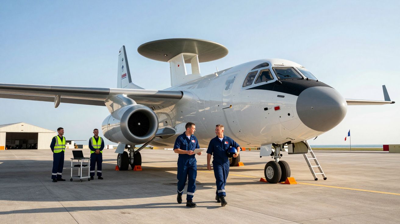 Aviões militares em pista com quatro técnicos uniformizados a caminhar e inspecionar a aeronave.