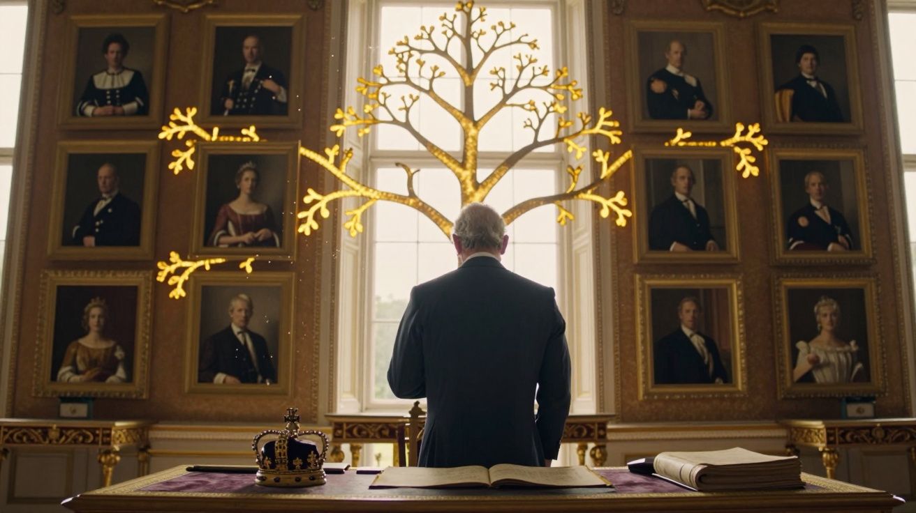 Homem de costas em palácio olhando para árvore dourada com retratos antigos emoldurados na parede.