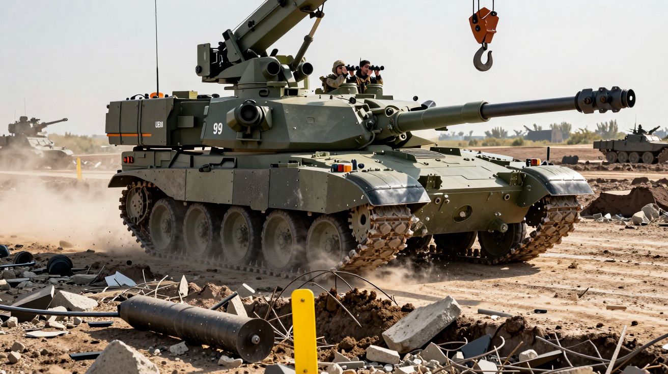 Tanque militar verde em terreno árido com destroços e soldados observando ao longe.