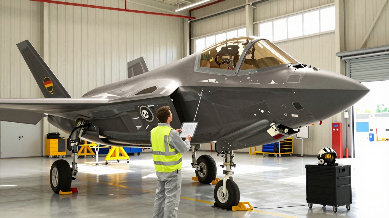 Técnico em colete refletor inspeciona caça furtivo cinza numa ampla oficina iluminada.