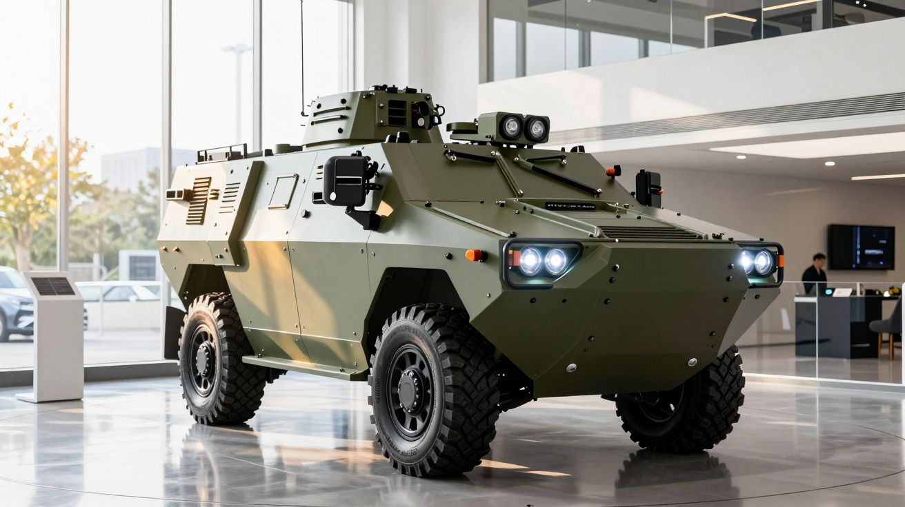 Veículo blindado militar verde exposto em interior moderno com grandes janelas e chão espelhado.