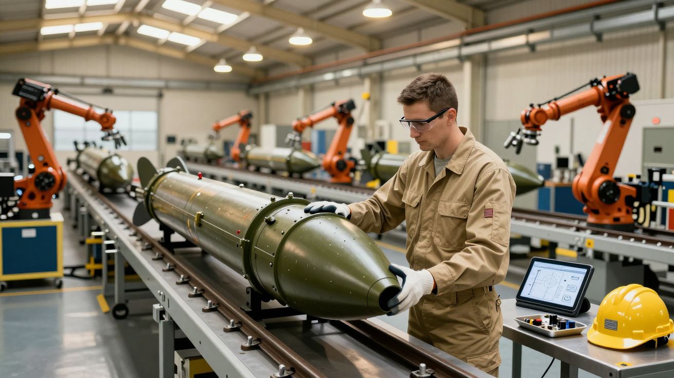 Homem em fábrica com equipamento militar analisando míssil enquanto robôs industriais operam na linha de montagem.