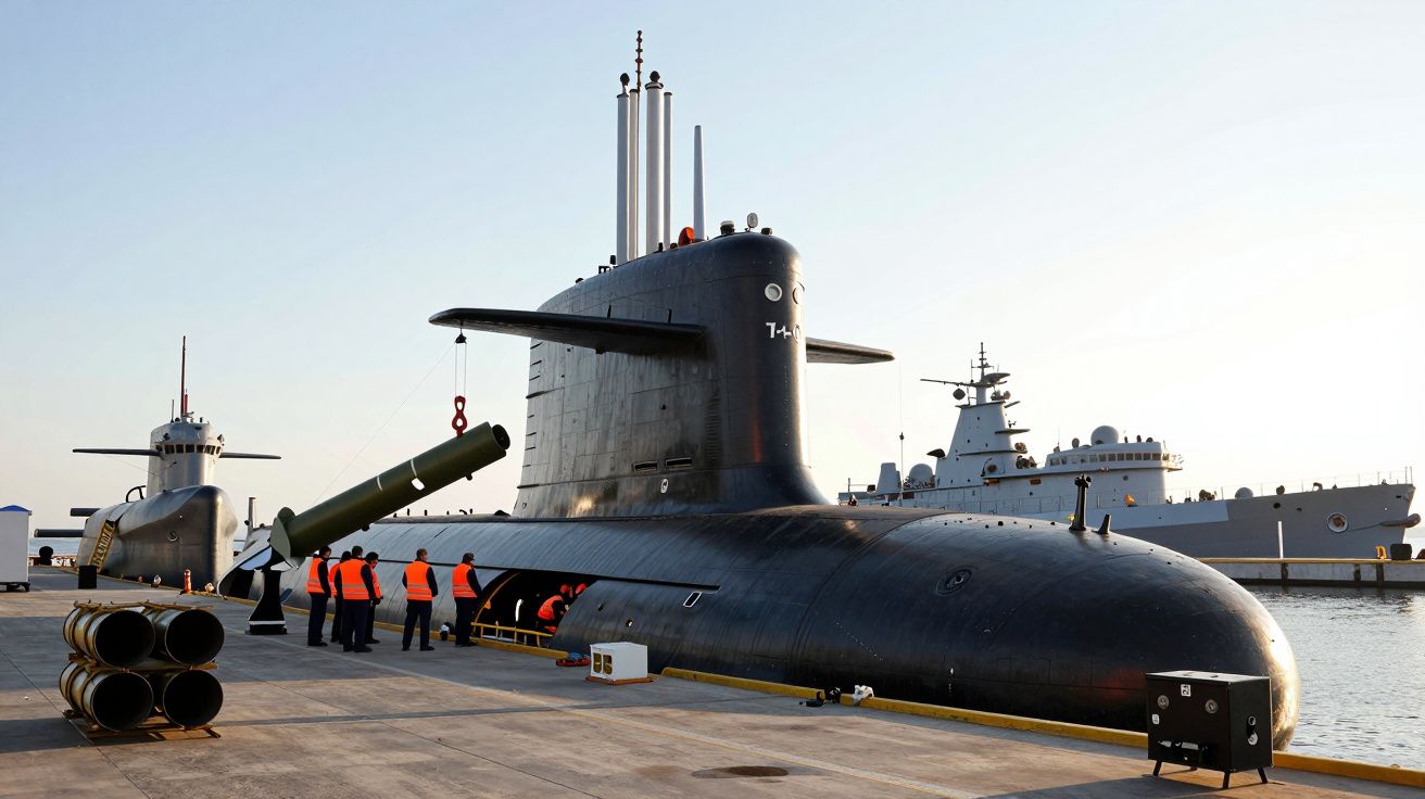 Submarino negro atracado com equipa militar a carregar torpedo no cais junto a outros navios de guerra.