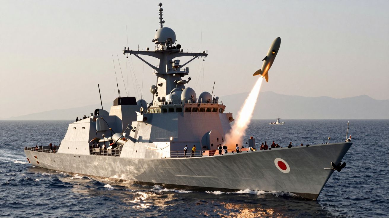 Navio de guerra a lançar um míssil sobre o mar numa operação militar.