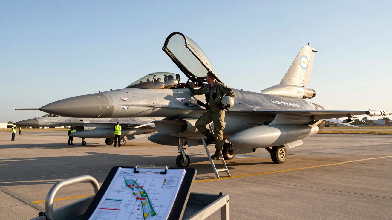 Avião militar F-16 da Força Aérea Argentina com piloto a sair na pista de um aeroporto ao pôr do sol.