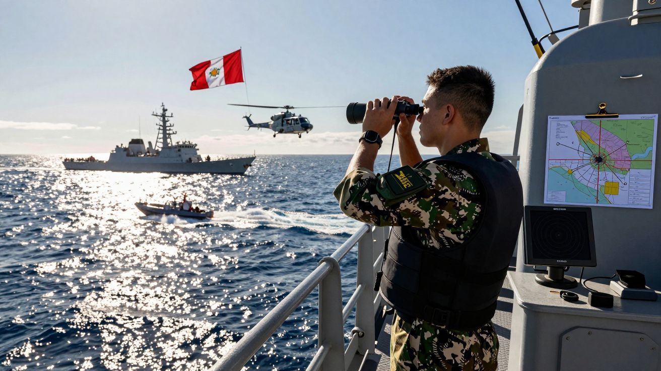 Militar em farda observa com binóculos o mar, enquanto navio, helicóptero e bote estão no oceano ao fundo.