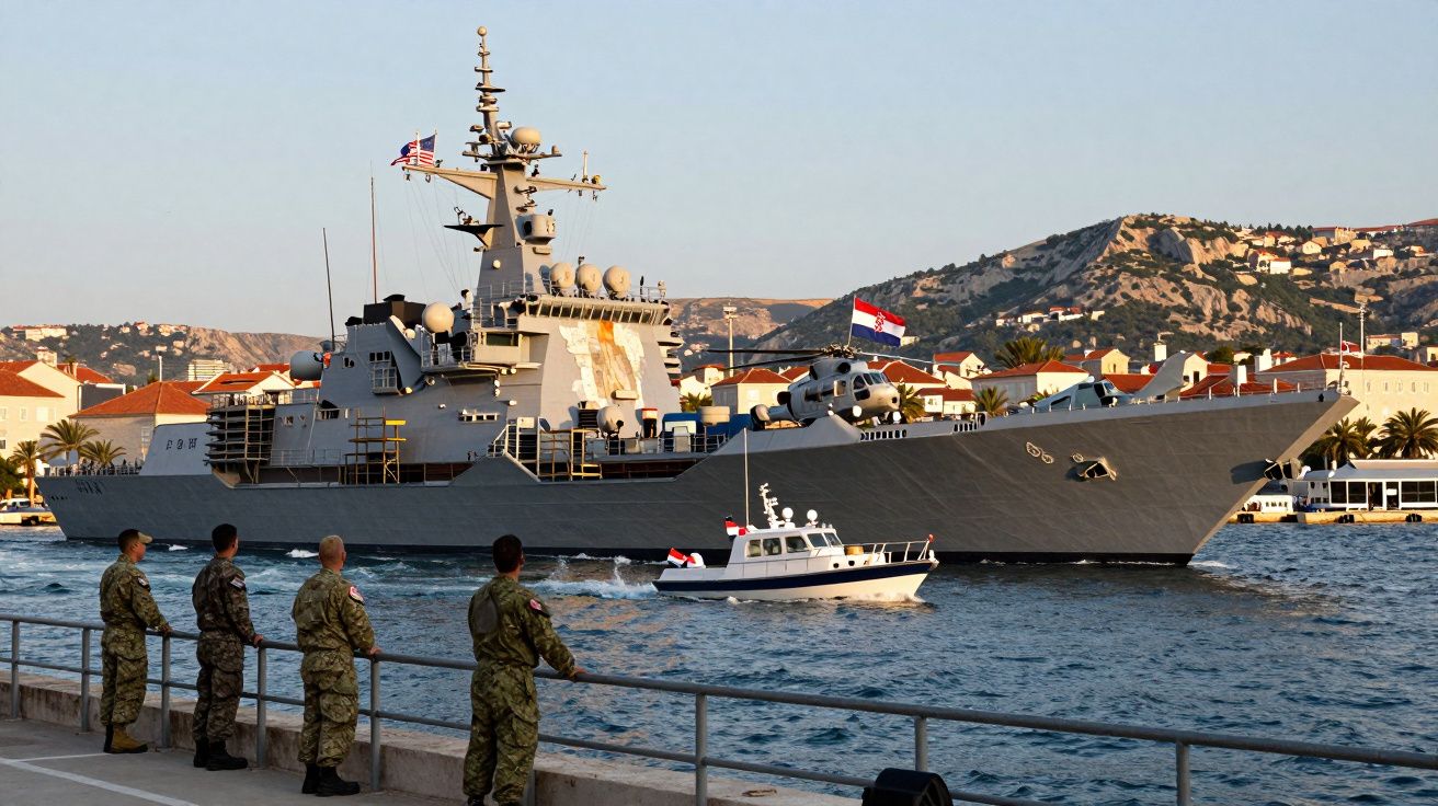 Navio de guerra com helicóptero atracado junto a soldados na costa com montanhas e casas ao fundo.