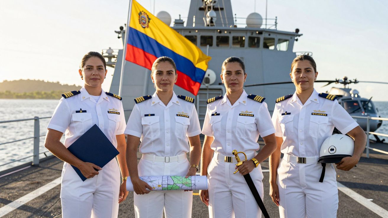 Quatro oficiais femininas da marinha em uniforme branco a bordo de um navio, com a bandeira do Equador ao fundo.