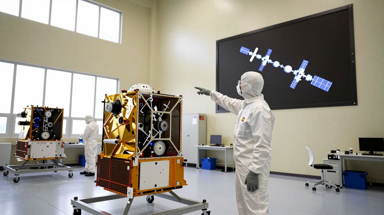 Técnicos em fato de proteção trabalham em satélites num laboratório com imagem de estação espacial numa tela.