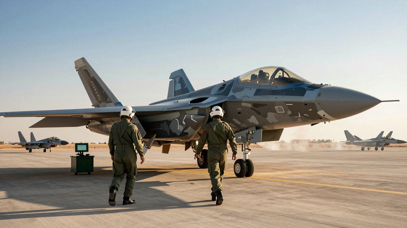 Dois pilotos caminham em direção a um avião de combate F-35 estacionado numa pista de aeroporto militar ao pôr do sol.