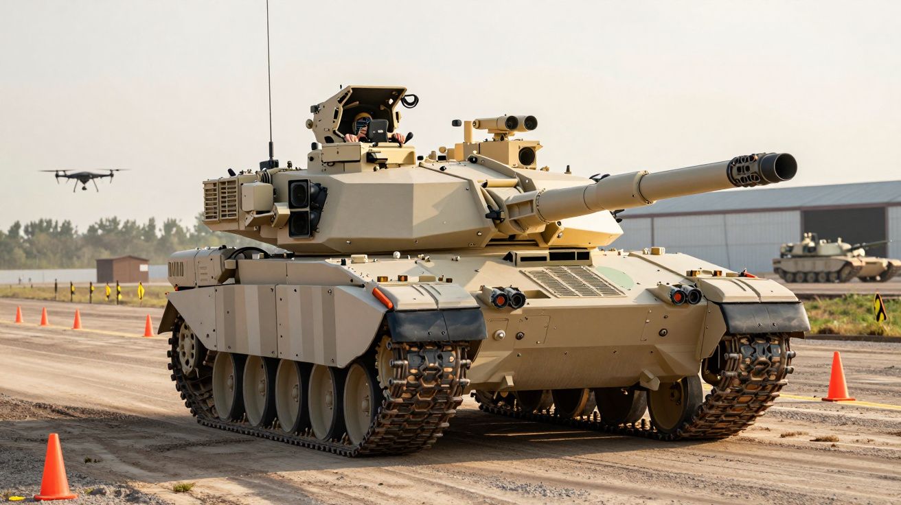 Tanque militar moderno de cor bege estacionado numa pista de terra com cones alaranjados ao redor.