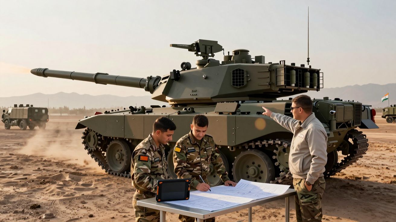 Soldados militares junto a um tanque de guerra num deserto, analisando mapas numa mesa portátil.