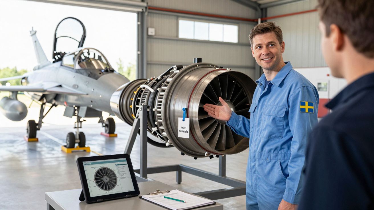Homem em fato azul apresenta motor de avião num hangar com caça militar ao fundo.