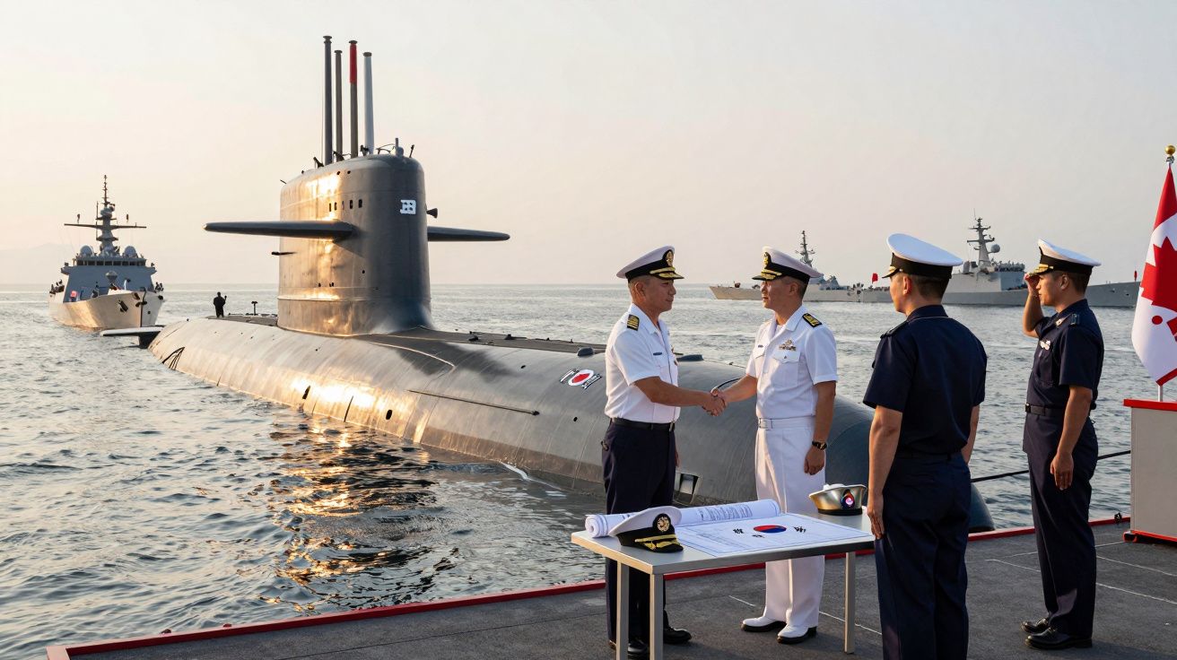 Oficiais navais apertam as mãos em frente a submarino coreano junto com navios de guerra ao pôr do sol.