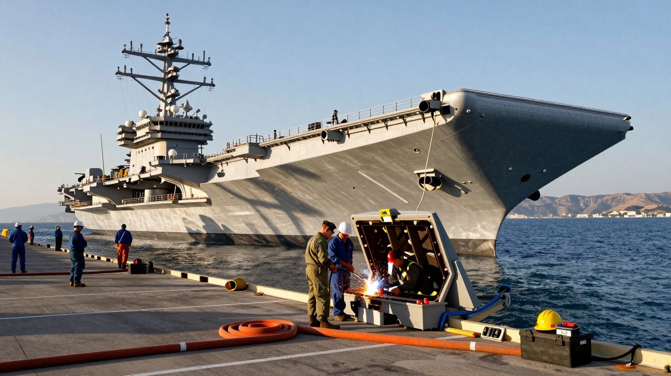 Porta-aviões militar ancorado no porto com trabalhadores a realizar manutenção no cais ao lado do navio.
