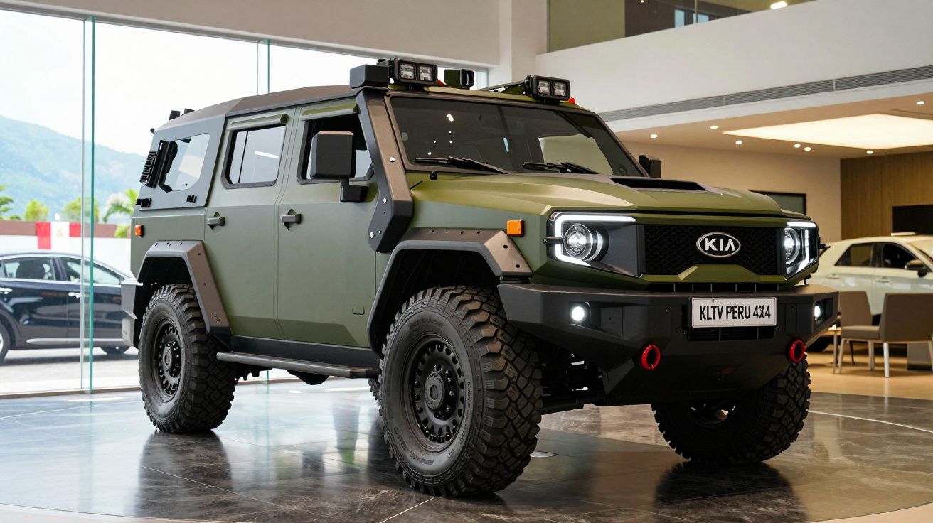 Jipe Kia KLTV verde militar com grandes pneus todo-o-terreno exposto numa sala de exposição moderna.