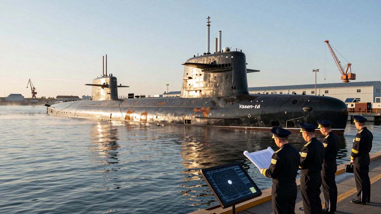 Submarino Yasen-M atracado no porto com quatro marinheiros a observar documentos na doca.