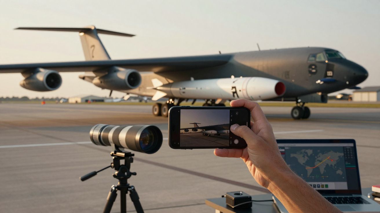 Pessoa a tirar foto de avião militar cinzento com telemóvel, lente fotográfica e portátil na pista de aeroporto.