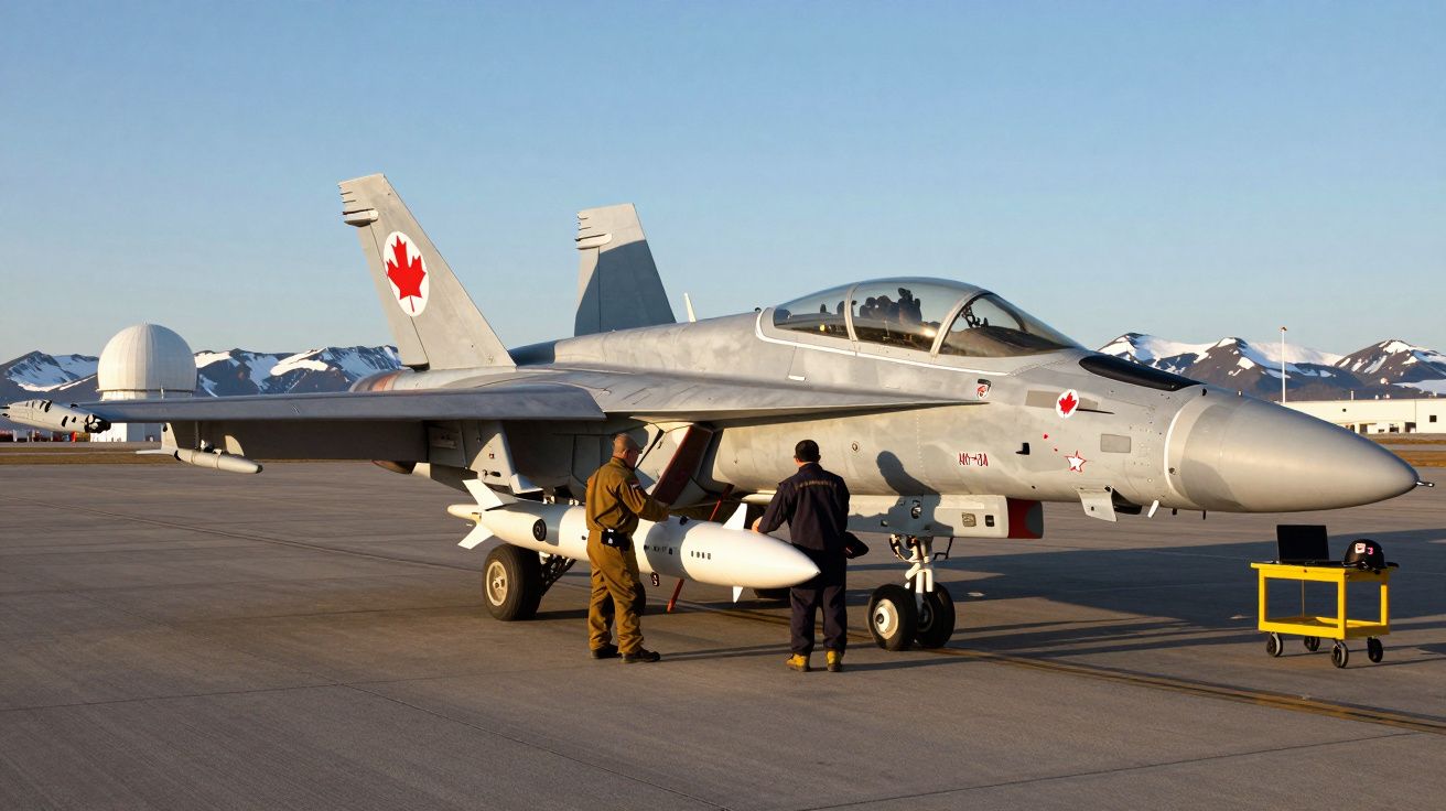 Avião militar canadiano F/A-18 estacionado com dois técnicos junto a ele numa pista com montanhas ao fundo.