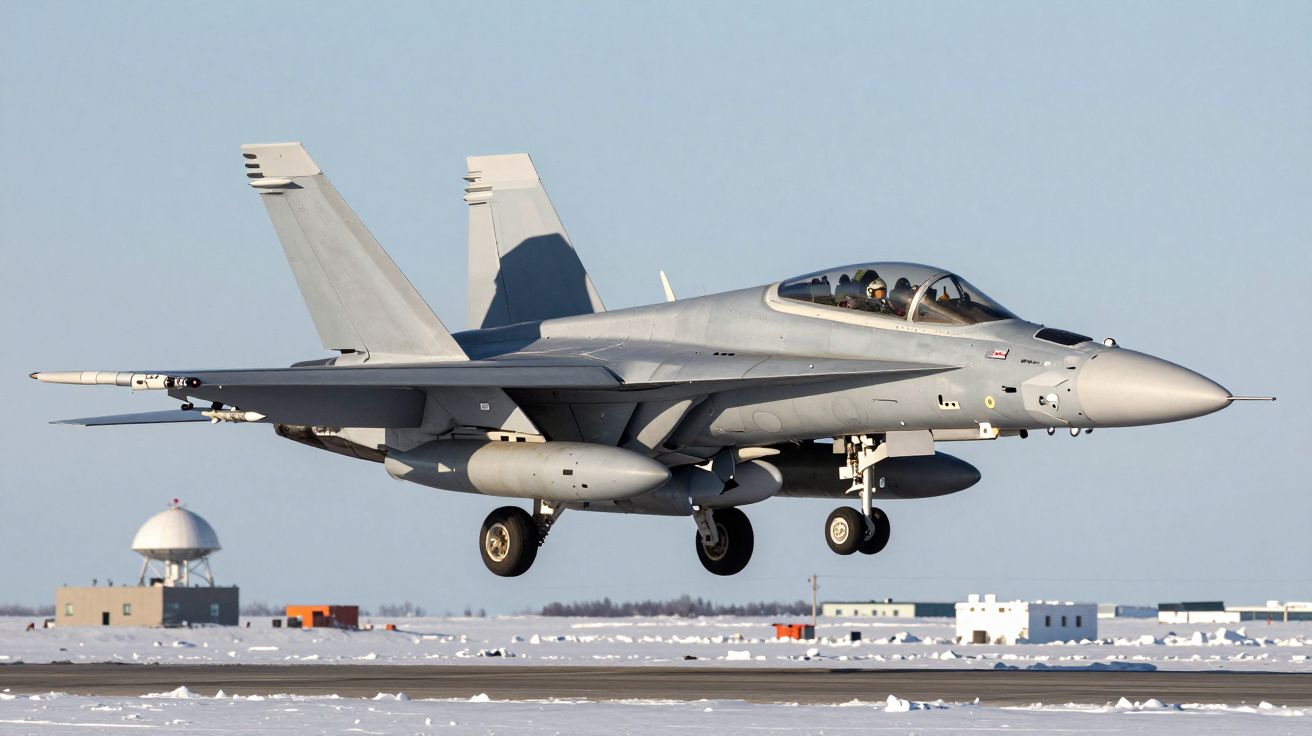 Avião de combate militar cinzento a descolar numa pista coberta de neve com edifícios ao fundo.