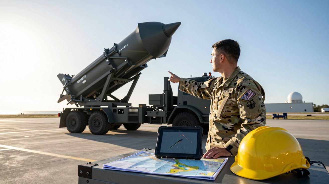 Soldado militar aponta para míssil instalado em veículo, com capacete amarelo e mapas numa mesa próxima.