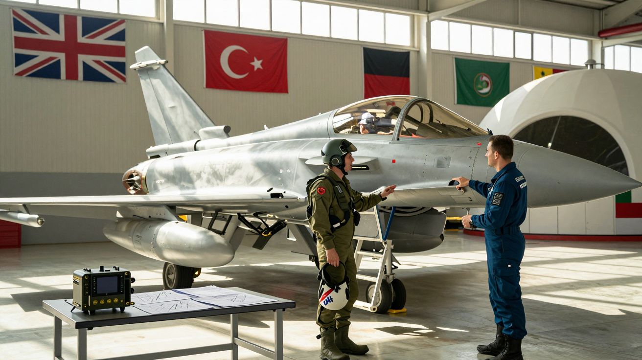 Dois militares junto a um avião de caça num hangar com bandeiras da União Europeia, Turquia e Alemanha ao fundo.