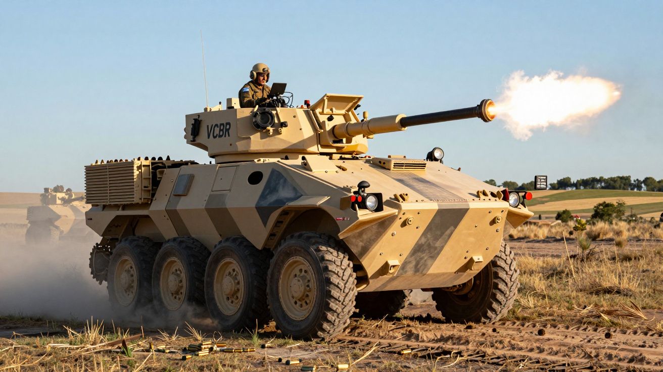 Veículo blindado de rodas a disparar no campo num dia soalheiro.