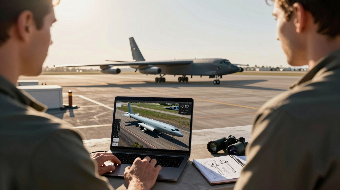 Dois homens observam um avião militar estacionado enquanto um deles trabalha num portátil com imagem do mesmo avião.