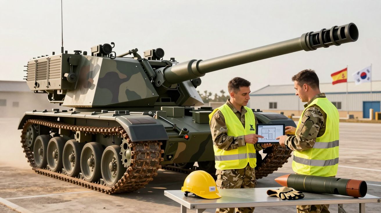 Dois soldados com coletes refletores analisam planta junto a tanque militar com bandeiras da Coreia do Sul e Espanha ao fundo