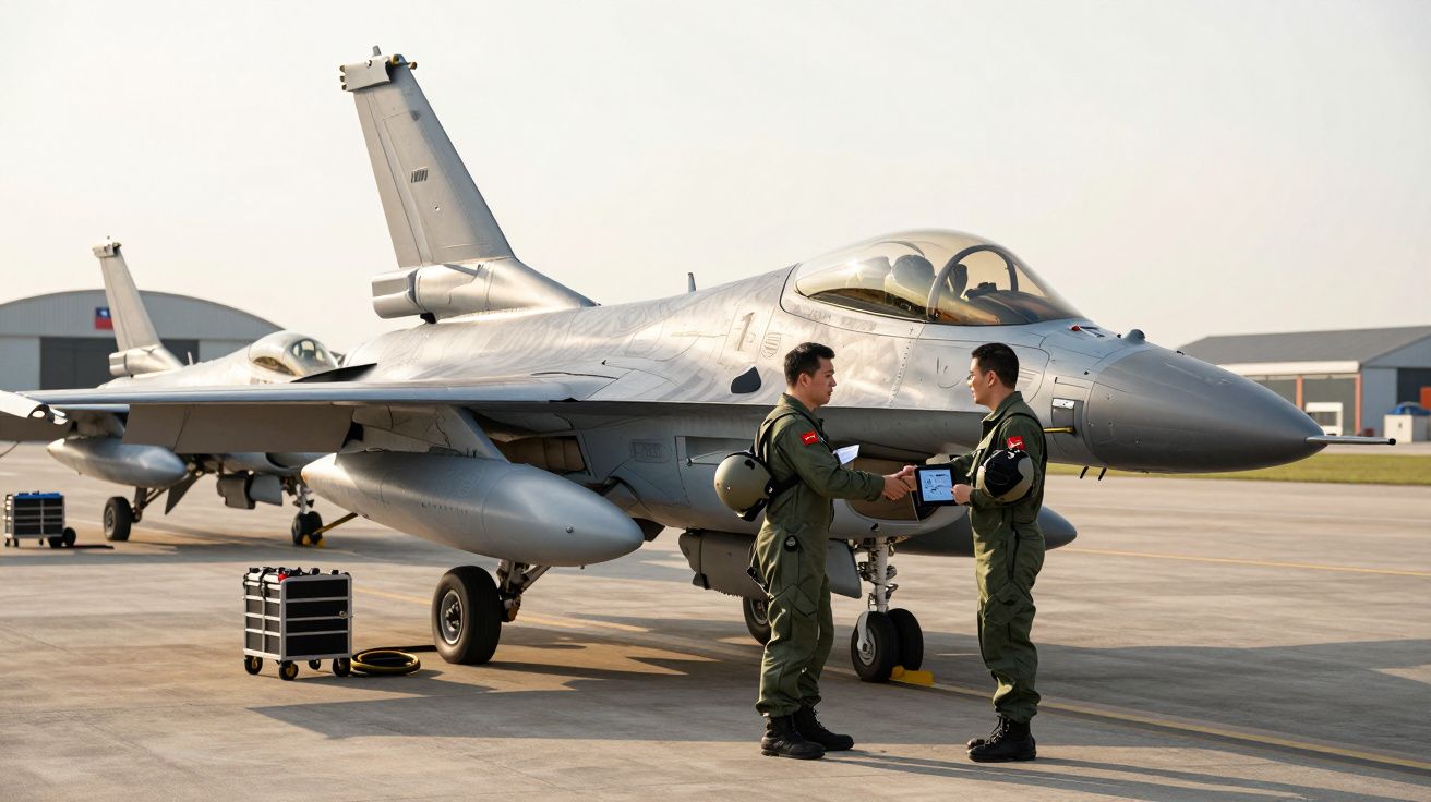 Dois pilotos militares apertam as mãos junto a um caça estacionado numa base aérea ao pôr do sol.