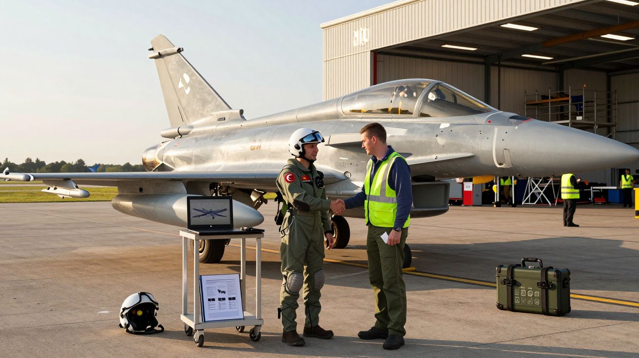 Duas pessoas a cumprimentar-se em frente a um caça militar estacionado numa pista de aeroporto.