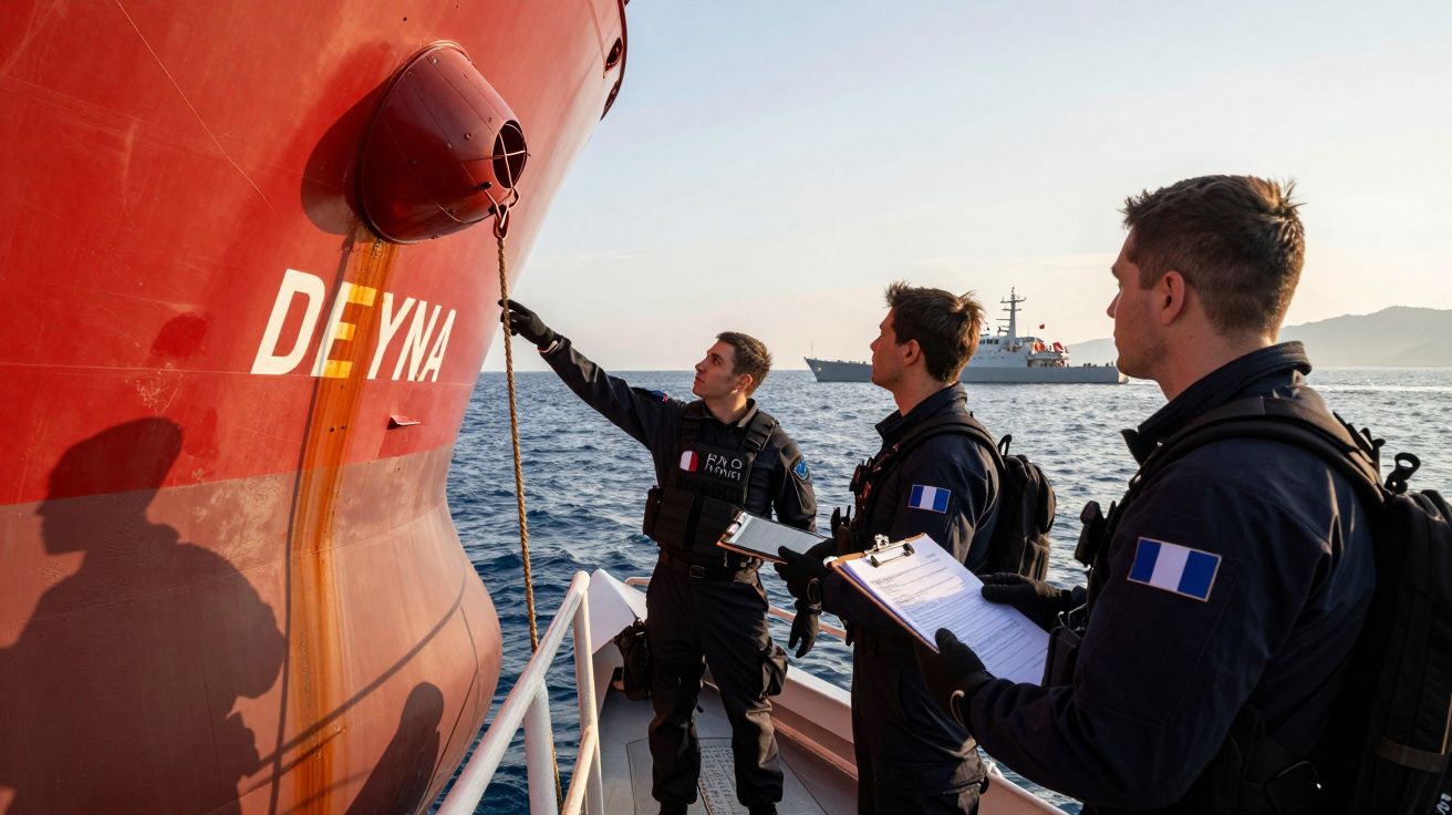 Três homens em barco inspecionam navio vermelho com nome DEYNA no mar ao pôr do sol.