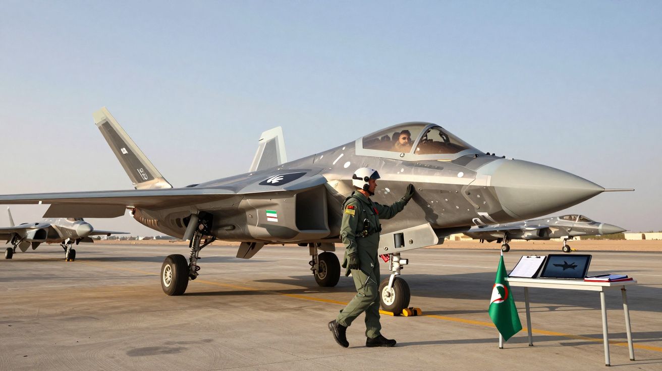 Caça furtivo militar no solo com piloto e oficial em uniforme junto a uma mesa com bandeira de Argélia.