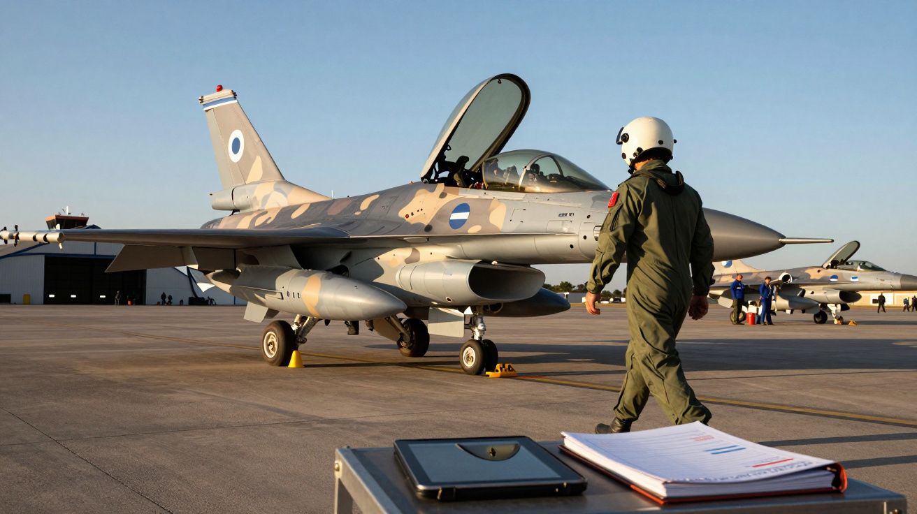Piloto militar de capacete caminha na pista ao lado de jato de combate camuflado com cabine aberta.